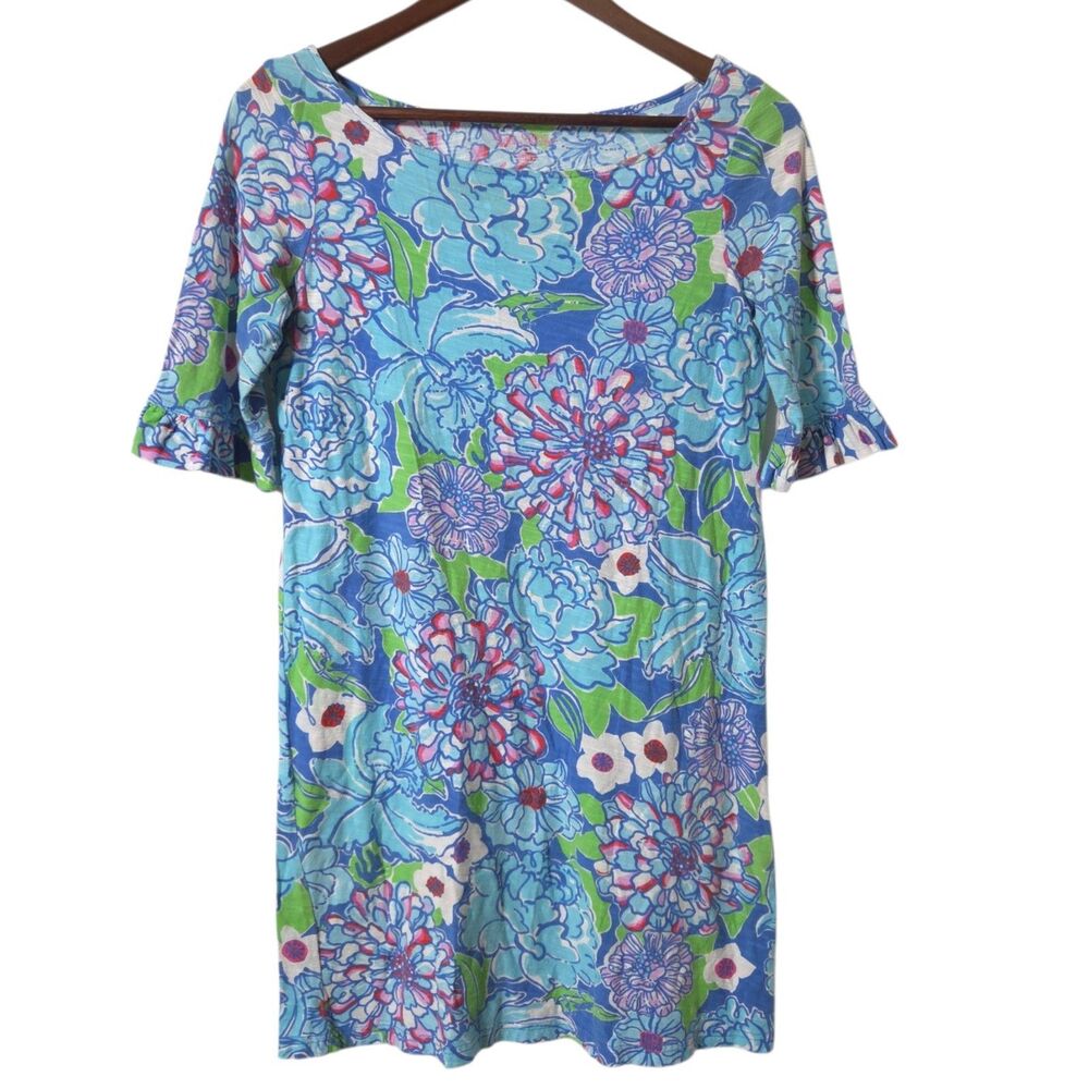 Lilly Pulitzer Floral Print Blue Dress S Womens Ruffle Sleeve Casual Resort